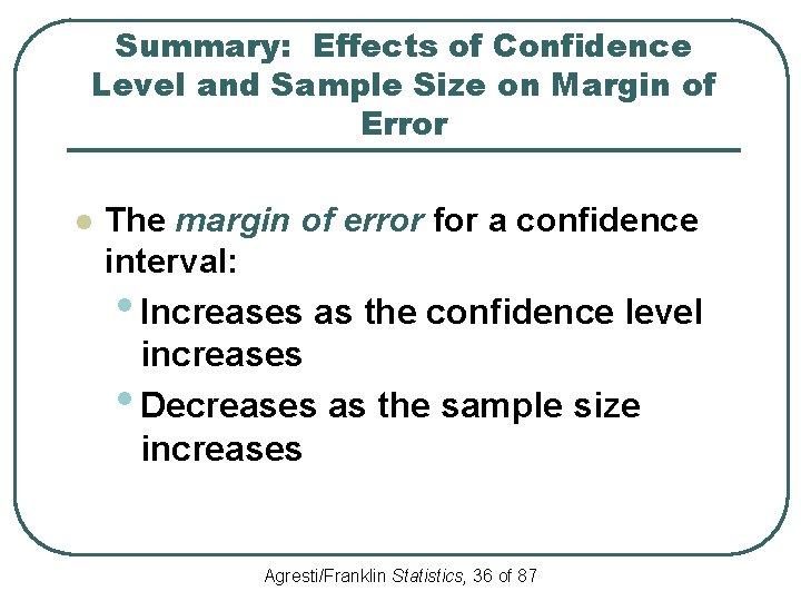 Summary: Effects of Confidence Level and Sample Size on Margin of Error l The