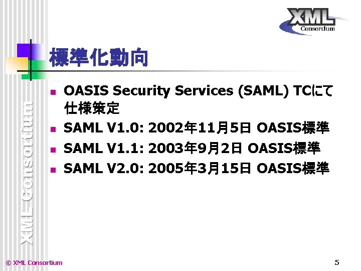 標準化動向 XML Consortium n n © XML Consortium OASIS Security Services (SAML) TCにて 仕様策定 標準化動向 XML Consortium n n © XML Consortium OASIS Security Services (SAML) TCにて 仕様策定