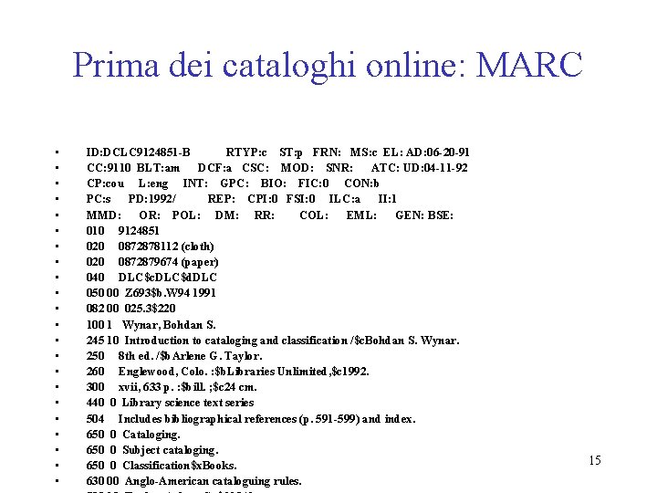 Prima dei cataloghi online: MARC • • • • • • ID: DCLC 9124851