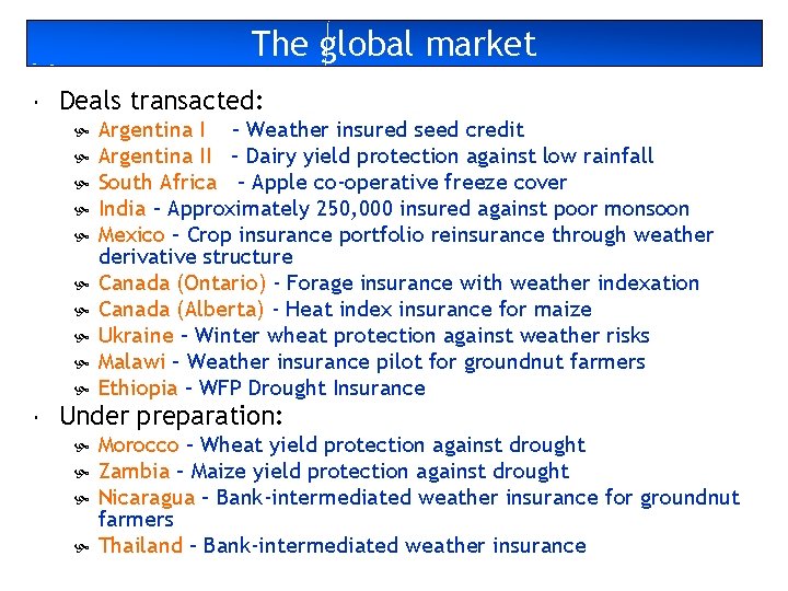 The global market Deals transacted: Argentina I – Weather insured seed credit Argentina II