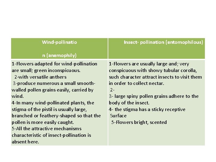 Wind-pollinatio Insect- pollination (entomophilous) n (anemophily) 1 -Flowers adapted for wind-pollination are small; green