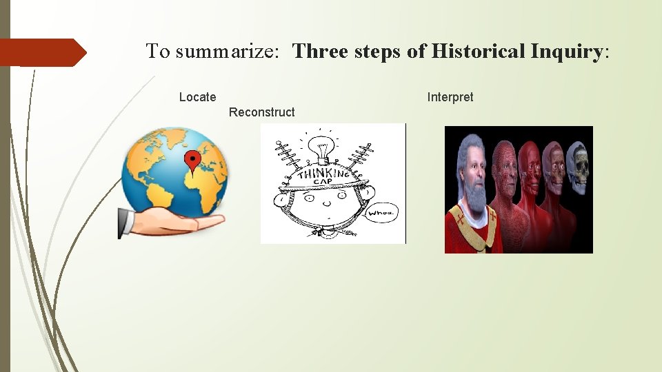 To summarize: Three steps of Historical Inquiry: Locate Interpret Reconstruct 