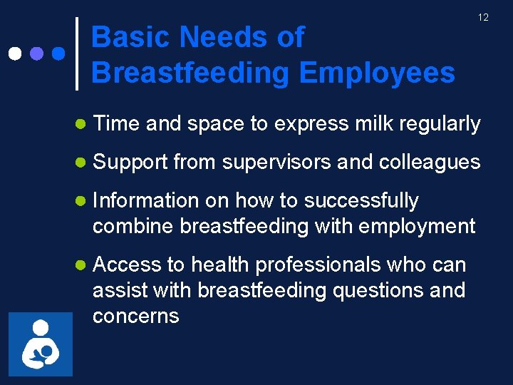 Basic Needs of Breastfeeding Employees 12 ● Time and space to express milk regularly