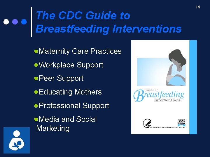 The CDC Guide to Breastfeeding Interventions ●Maternity Care Practices ●Workplace Support ●Peer Support ●Educating