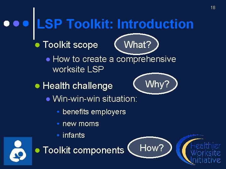 18 LSP Toolkit: Introduction ● Toolkit scope l What? How to create a comprehensive