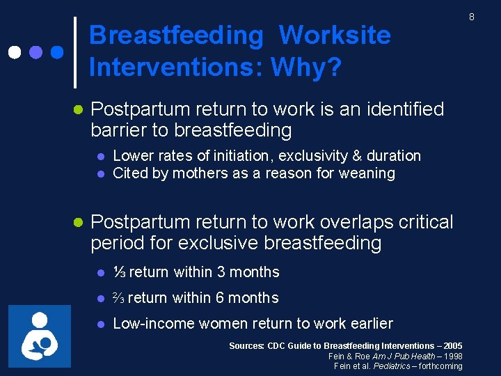 Breastfeeding Worksite Interventions: Why? ● Postpartum return to work is an identified barrier to