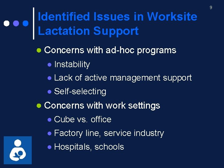 Identified Issues in Worksite Lactation Support ● Concerns with ad-hoc programs l Instability l