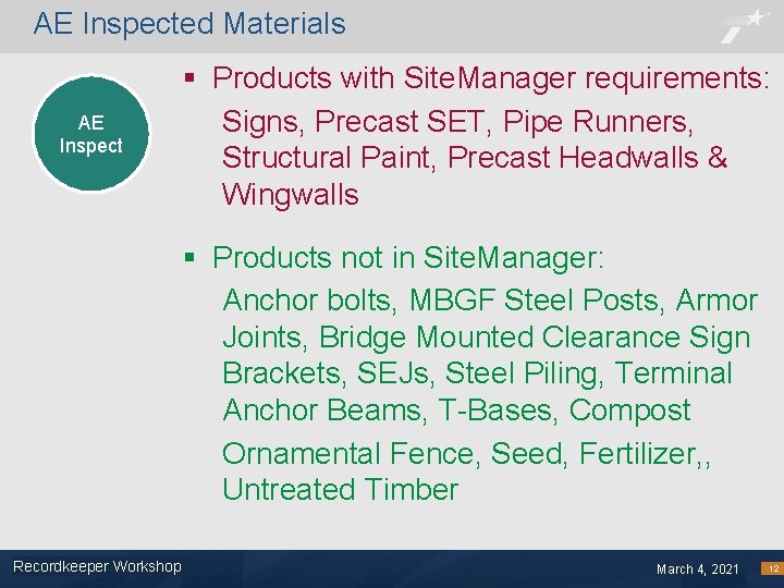 AE Inspected Materials AE QM Inspect § Products with Site. Manager requirements: Signs, Precast