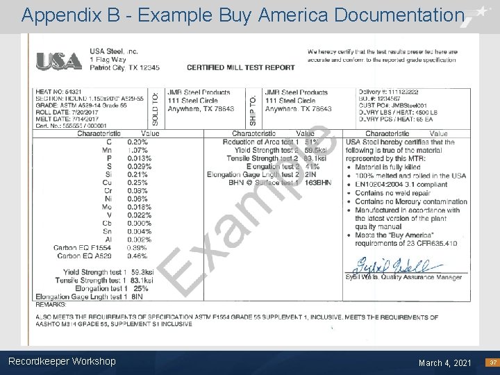 Appendix B - Example Buy America Documentation Recordkeeper Workshop Footer Text March 4, 2021