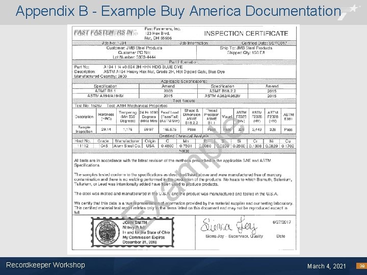 Appendix B - Example Buy America Documentation Recordkeeper Workshop Footer Text March 4, 2021