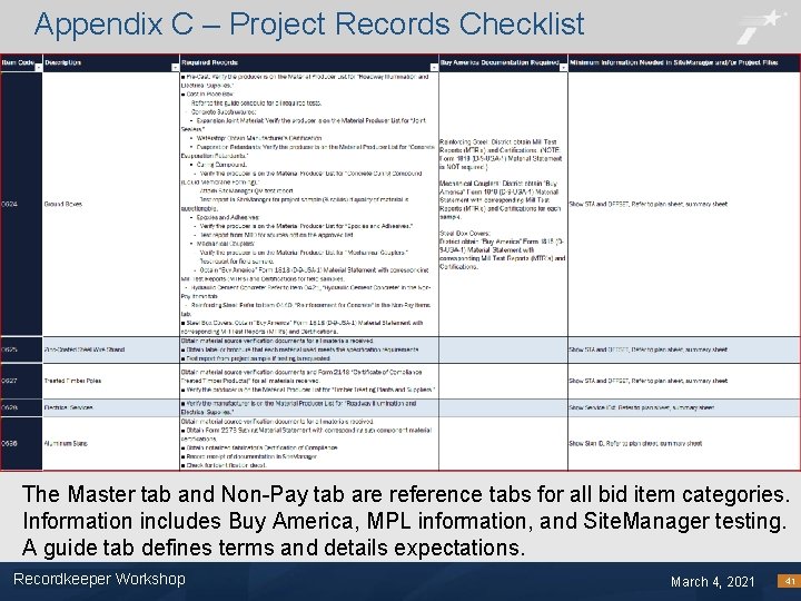 Appendix C – Project Records Checklist The Master tab and Non-Pay tab are reference