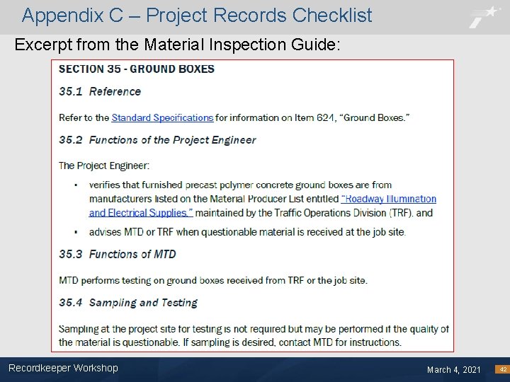 Appendix C – Project Records Checklist Excerpt from the Material Inspection Guide: Recordkeeper Workshop