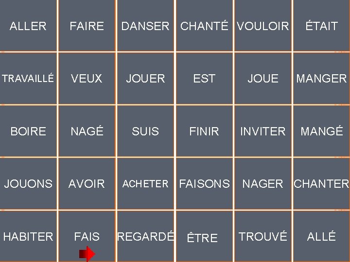 ALLER FAIRE DANSER CHANTÉ VOULOIR ÉTAIT TRAVAILLÉ VEUX JOUER EST JOUE MANGER BOIRE ALLER FAIRE DANSER CHANTÉ VOULOIR ÉTAIT TRAVAILLÉ VEUX JOUER EST JOUE MANGER BOIRE