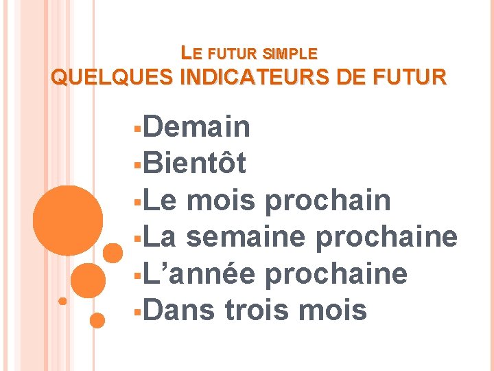 LE FUTUR SIMPLE QUELQUES INDICATEURS DE FUTUR §Demain §Bientôt §Le mois prochain §La semaine LE FUTUR SIMPLE QUELQUES INDICATEURS DE FUTUR §Demain §Bientôt §Le mois prochain §La semaine