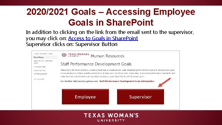 2020/2021 Goals – Accessing Employee Goals in Share. Point In addition to clicking on