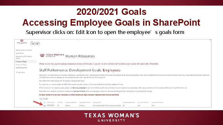 2020/2021 Goals Accessing Employee Goals in Share. Point Supervisor clicks on: Edit Icon to