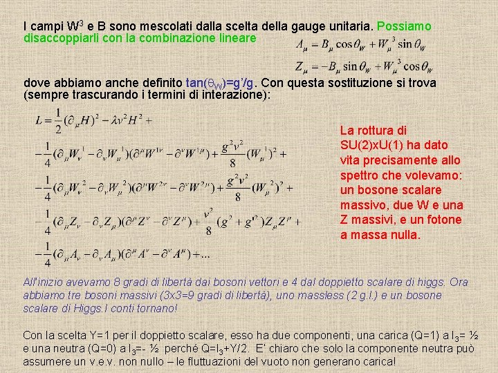 I campi W 3 e B sono mescolati dalla scelta della gauge unitaria. Possiamo