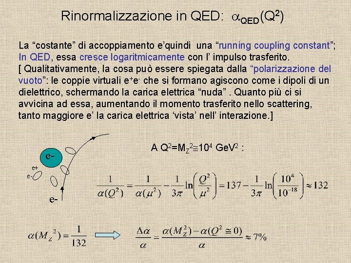 Rinormalizzazione in QED: a. QED(Q 2) La “costante” di accoppiamento e’quindi una “running coupling