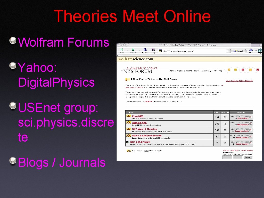 Theories Meet Online Wolfram Forums Yahoo: Digital. Physics USEnet group: sci. physics. discre te