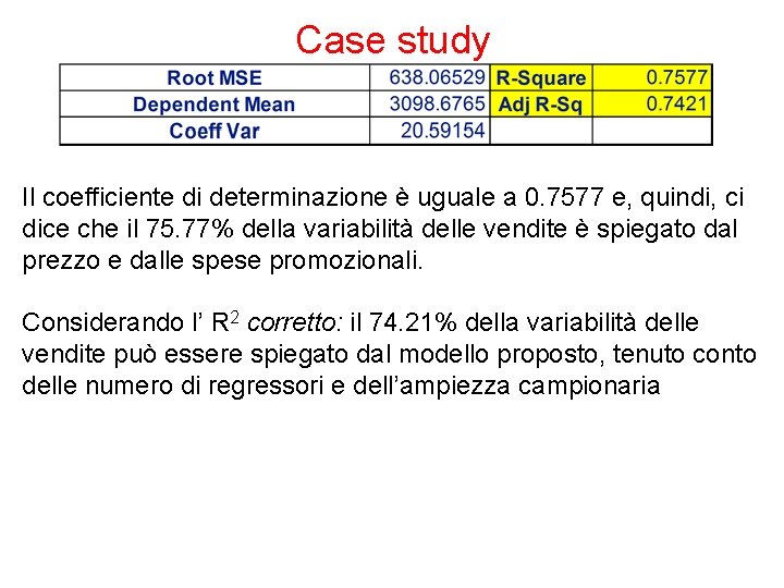 Case study Il coefficiente di determinazione è uguale a 0. 7577 e, quindi, ci