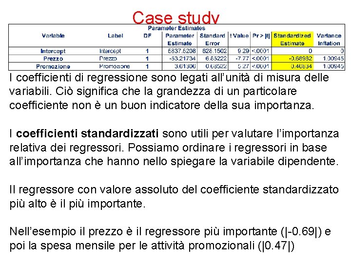 Case study I coefficienti di regressione sono legati all’unità di misura delle variabili. Ciò