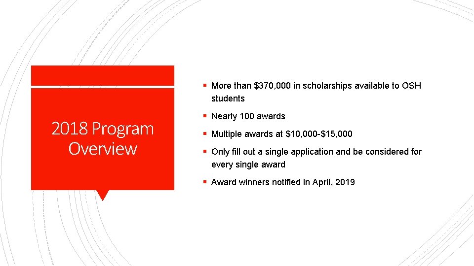 § More than $370, 000 in scholarships available to OSH students 2018 Program Overview