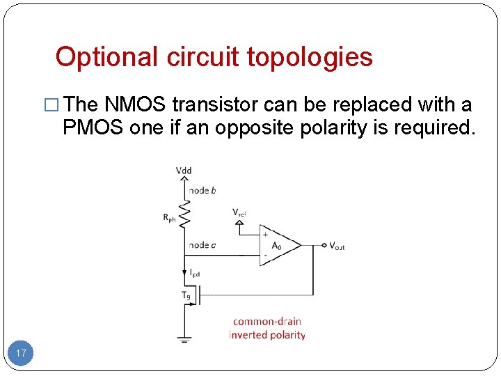 Optional circuit topologies � The NMOS transistor can be replaced with a PMOS one