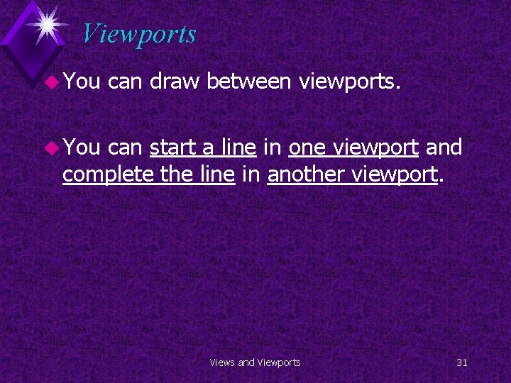 Viewports u You can draw between viewports. u You can start a line in