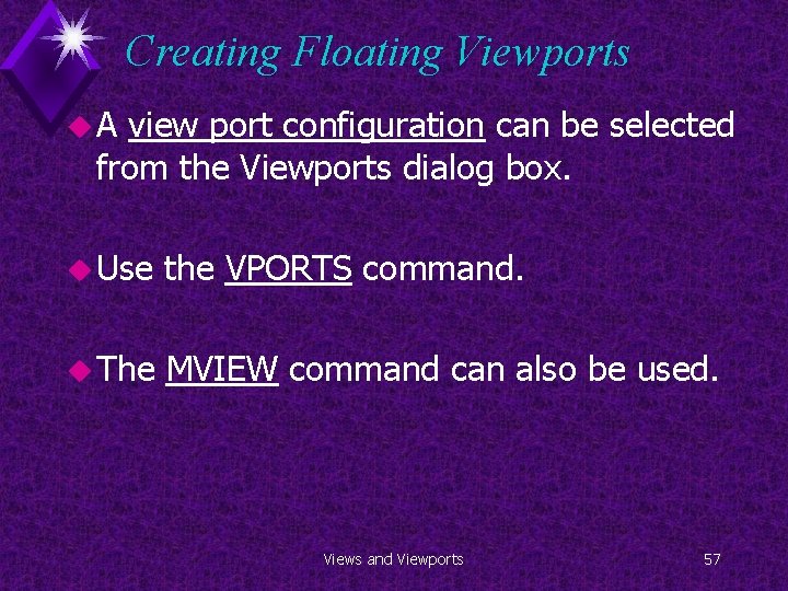 Creating Floating Viewports u. A view port configuration can be selected from the Viewports