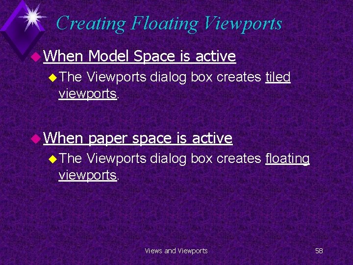 Creating Floating Viewports u When Model Space is active u The Viewports dialog box