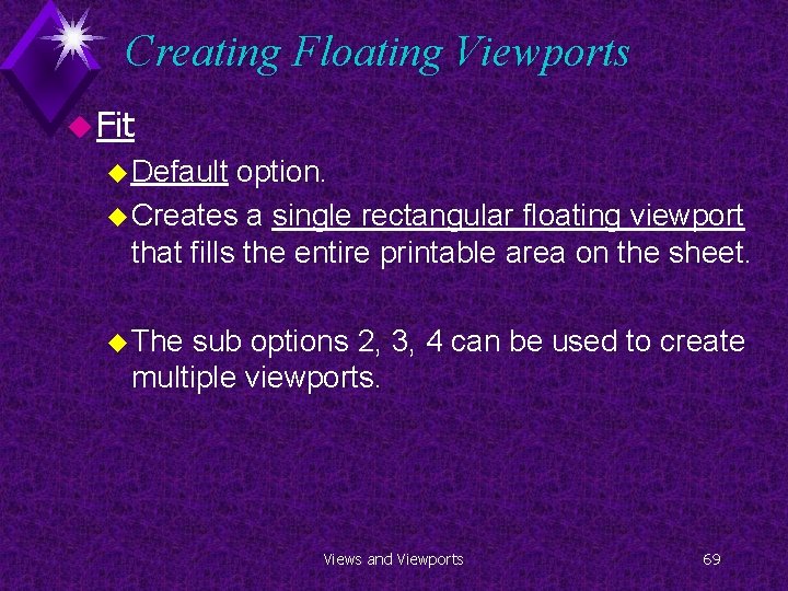 Creating Floating Viewports u Fit u Default option. u Creates a single rectangular floating