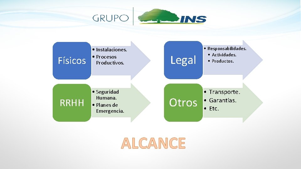 Físicos RRHH • Instalaciones. • Procesos Productivos. • Seguridad Humana. • Planes de Emergencia.