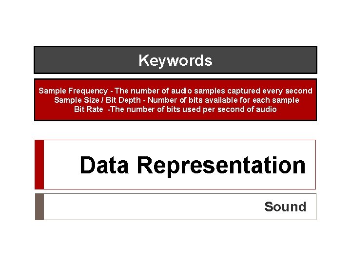 Keywords Sample Frequency - The number of audio samples captured every second Sample Size