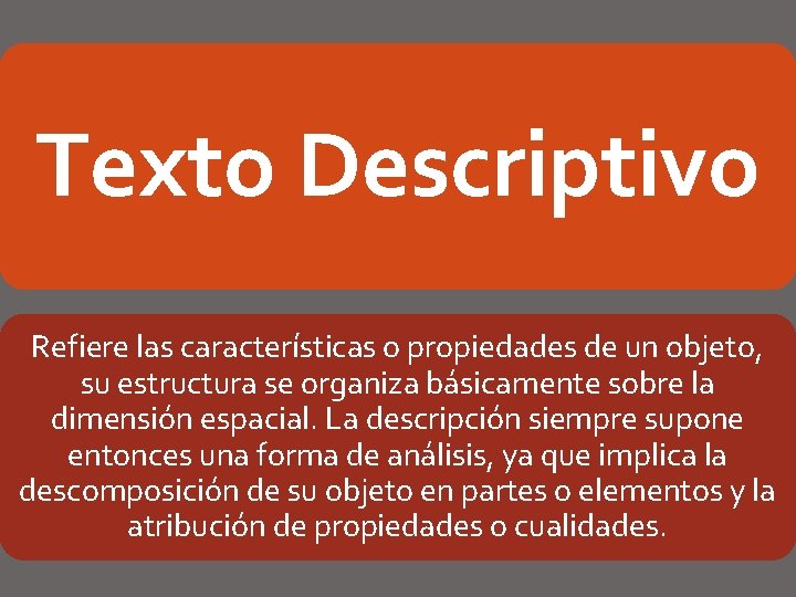 Texto Descriptivo Refiere las características o propiedades de un objeto, su estructura se organiza