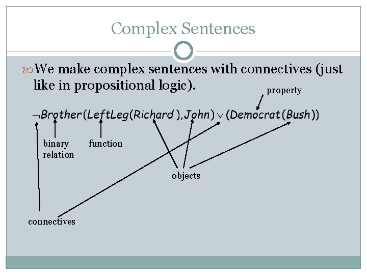 Complex Sentences We make complex sentences with connectives (just like in propositional logic). binary