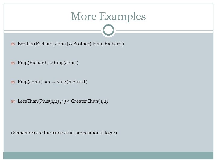 More Examples Brother(Richard, John) Brother(John, Richard) King(John) => King(Richard) Less. Than(Plus(1, 2) , 4)