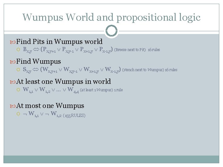 Wumpus World and propositional logic Find Pits in Wumpus world Bx, y (Px, y+1
