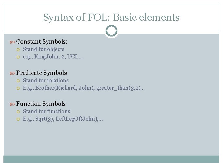 Syntax of FOL: Basic elements Constant Symbols: Stand for objects e. g. , King.
