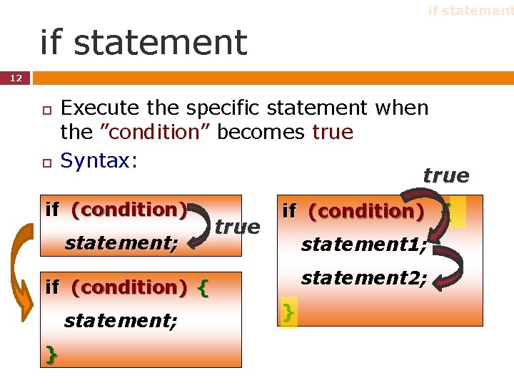 if statement 12 Execute the specific statement when the ”condition” becomes true Syntax: true if statement 12 Execute the specific statement when the ”condition” becomes true Syntax: true
