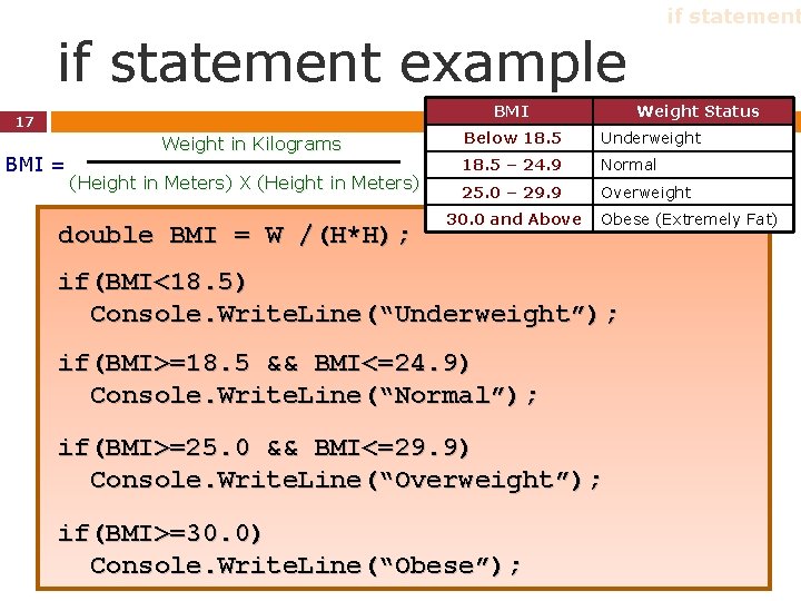 if statement example BMI 17 BMI = Weight in Kilograms (Height in Meters) X if statement example BMI 17 BMI = Weight in Kilograms (Height in Meters) X