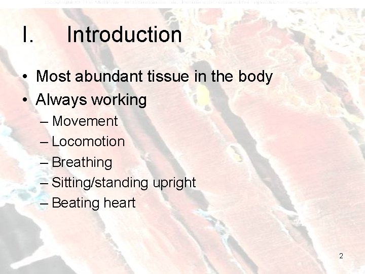 I. Introduction • Most abundant tissue in the body • Always working – Movement