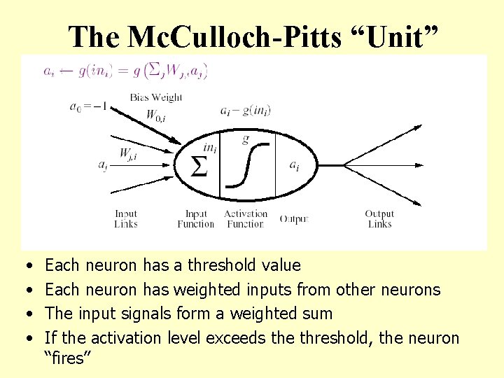 The Mc. Culloch-Pitts “Unit” • • Each neuron has a threshold value Each neuron