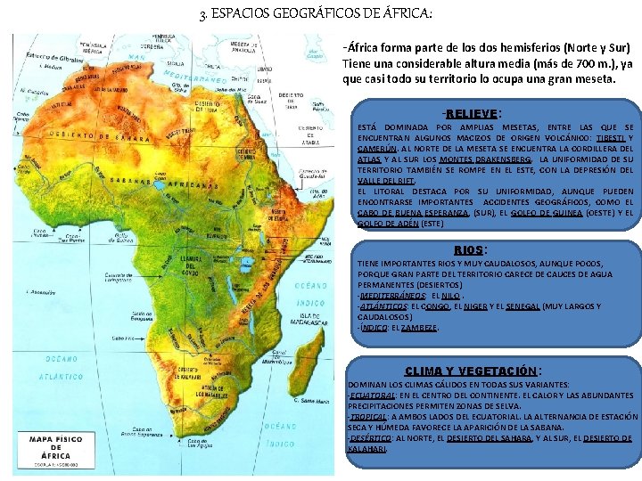 3. ESPACIOS GEOGRÁFICOS DE ÁFRICA: -África forma parte de los dos hemisferios (Norte y