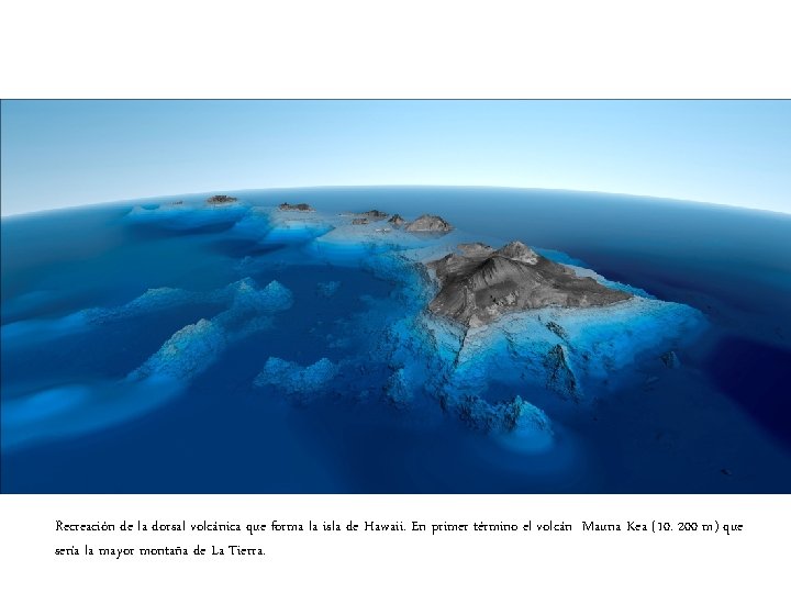 Recreación de la dorsal volcánica que forma la isla de Hawaii. En primer término