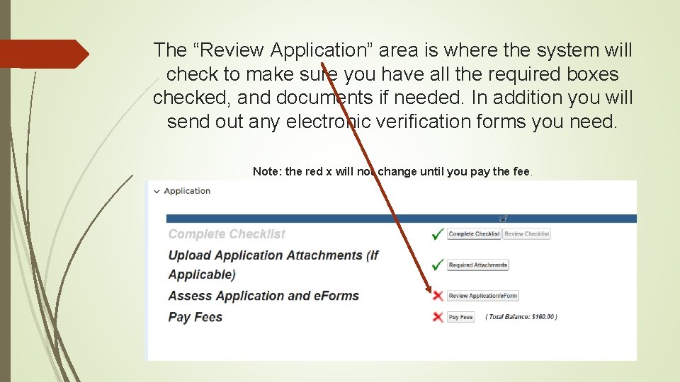 The “Review Application” area is where the system will check to make sure you