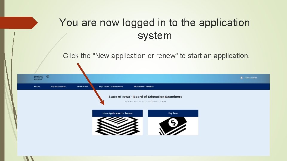 You are now logged in to the application system Click the “New application or