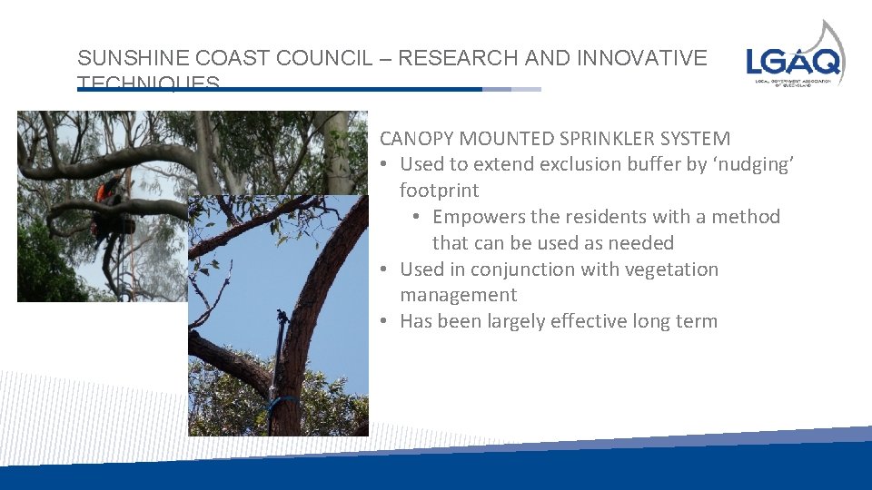 SUNSHINE COAST COUNCIL – RESEARCH AND INNOVATIVE TECHNIQUES CANOPY MOUNTED SPRINKLER SYSTEM • Used