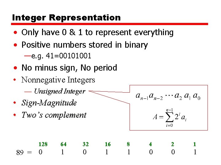 Integer Representation • Only have 0 & 1 to represent everything • Positive numbers