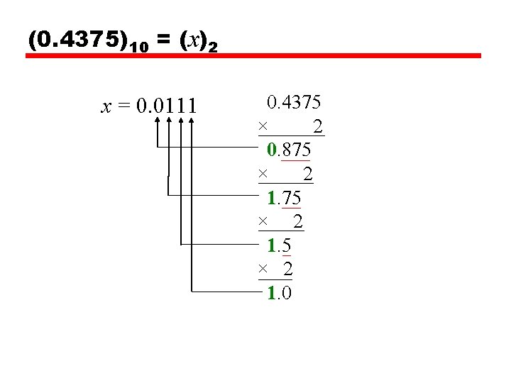 (0. 4375)10 = (x)2 x = 0. 0111 0. 4375 × 2 0. 875