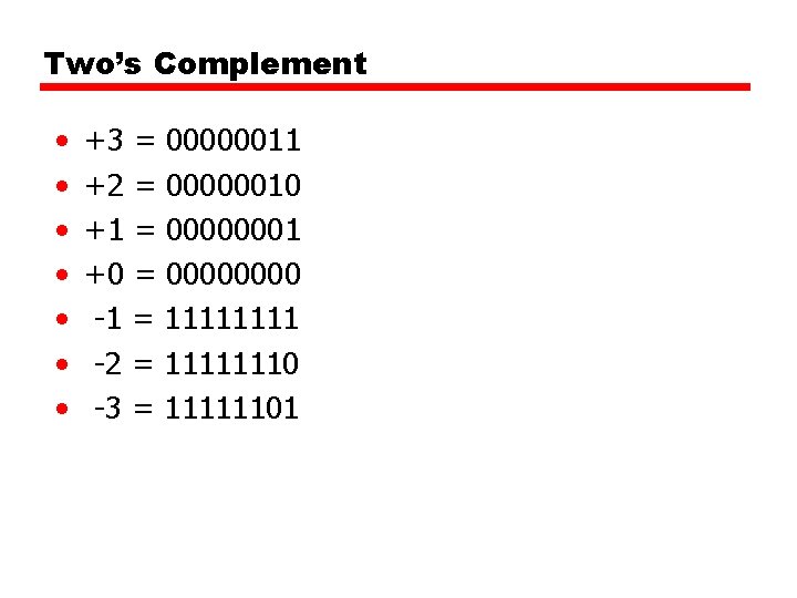 Two’s Complement • • +3 = 00000011 +2 = 00000010 +1 = 00000001 +0